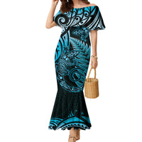 New Zealand Lizard Family Matching Mermaid Dress and Hawaiian Shirt Silver Fern Aotearoa Maori Blue Version