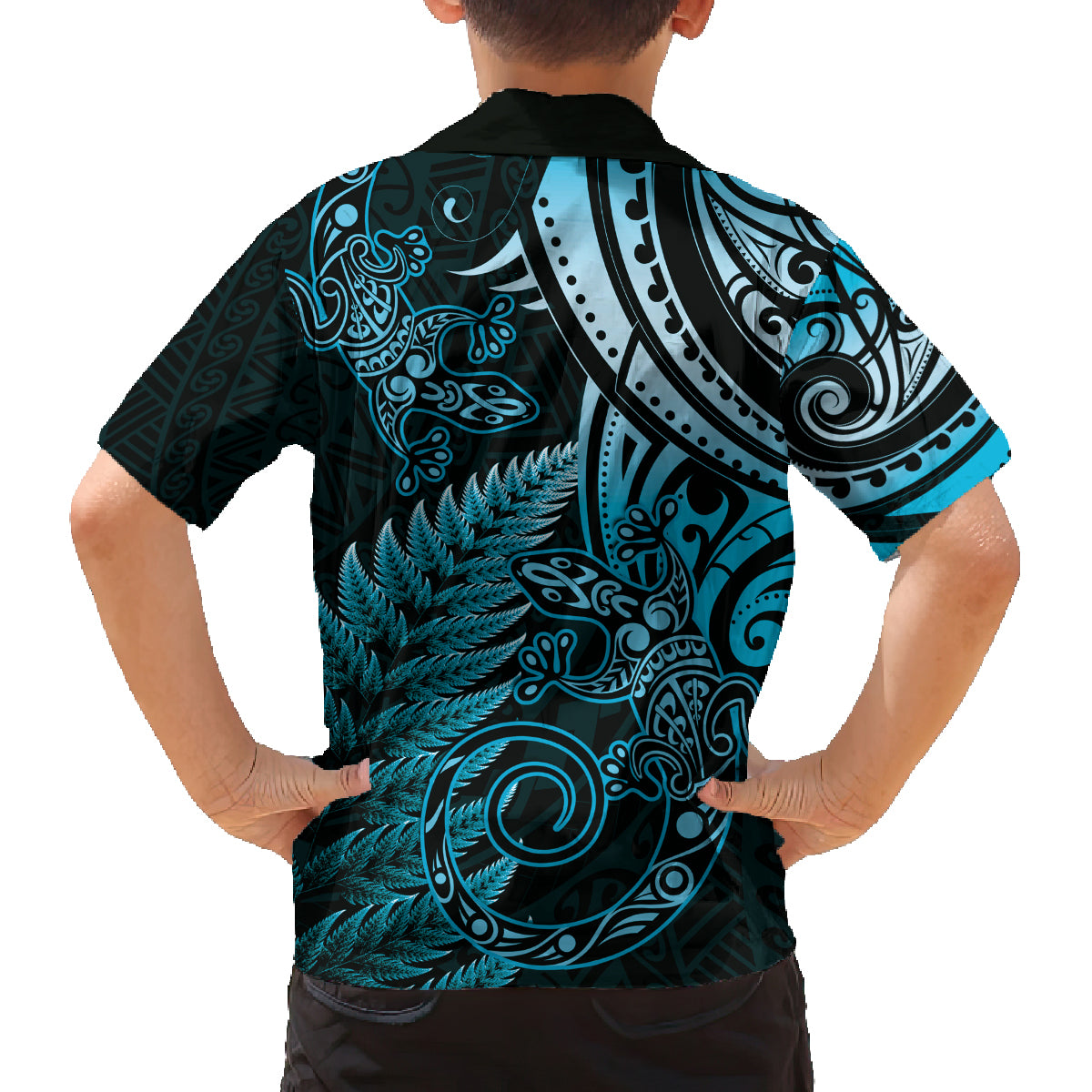 New Zealand Lizard Family Matching Puletasi and Hawaiian Shirt Silver Fern Aotearoa Maori Blue Version LT14 - Polynesian Pride