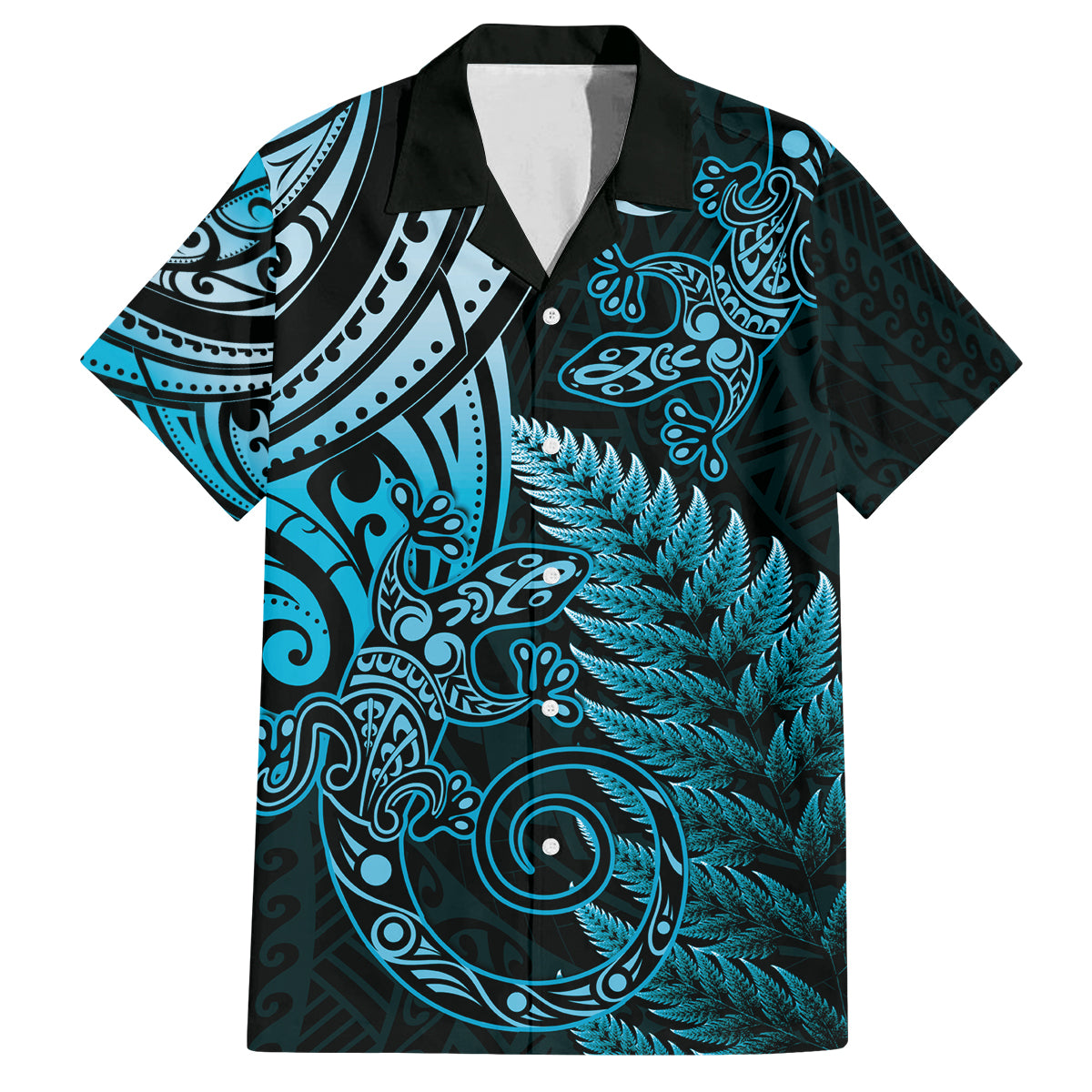 New Zealand Lizard Family Matching Puletasi and Hawaiian Shirt Silver Fern Aotearoa Maori Blue Version LT14 Dad's Shirt - Short Sleeve Blue - Polynesian Pride