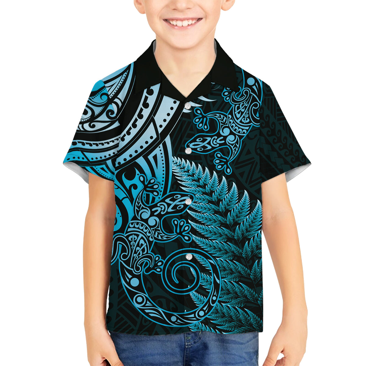New Zealand Lizard Family Matching Puletasi and Hawaiian Shirt Silver Fern Aotearoa Maori Blue Version LT14 Son's Shirt Blue - Polynesian Pride