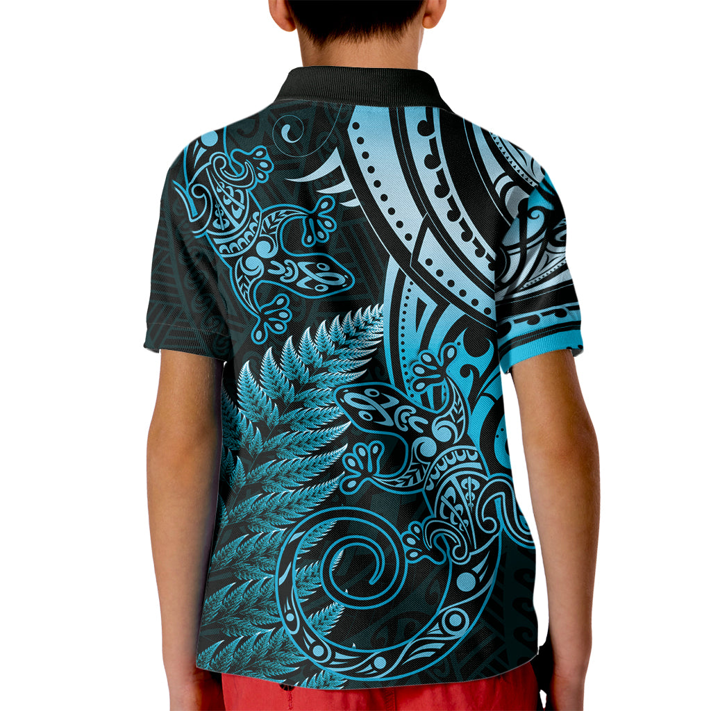 New Zealand Lizard Kid Polo Shirt Silver Fern Aotearoa Maori Blue Version