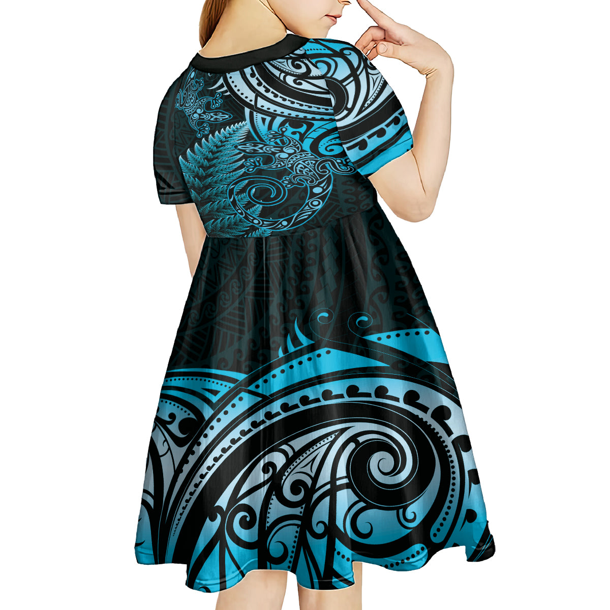 New Zealand Lizard Kid Short Sleeve Dress Silver Fern Aotearoa Maori Blue Version LT14 - Polynesian Pride