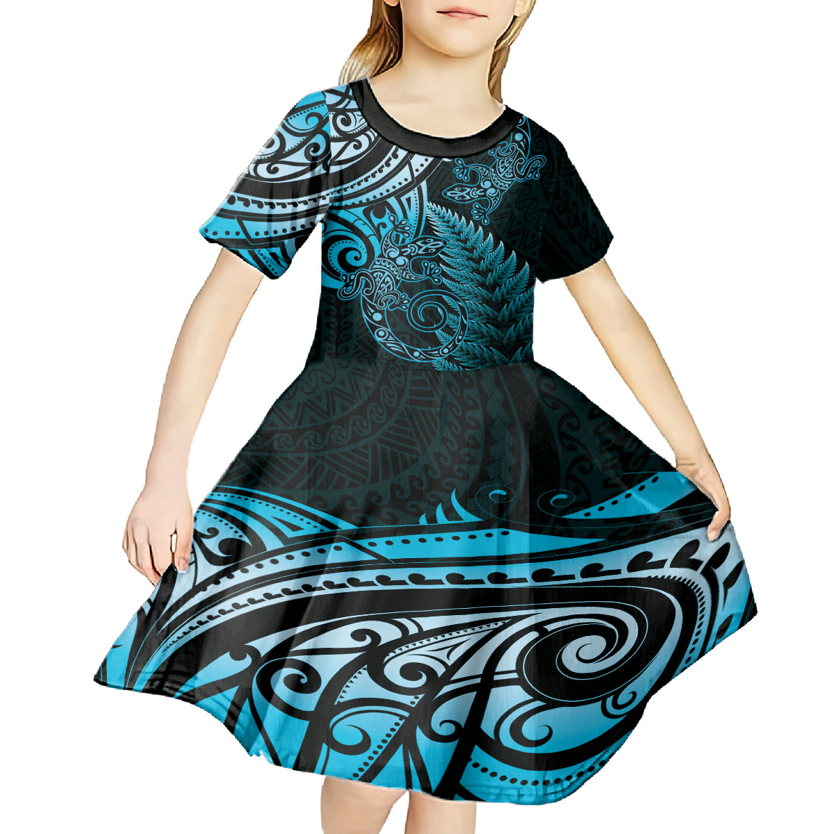New Zealand Lizard Kid Short Sleeve Dress Silver Fern Aotearoa Maori Blue Version LT14 - Polynesian Pride