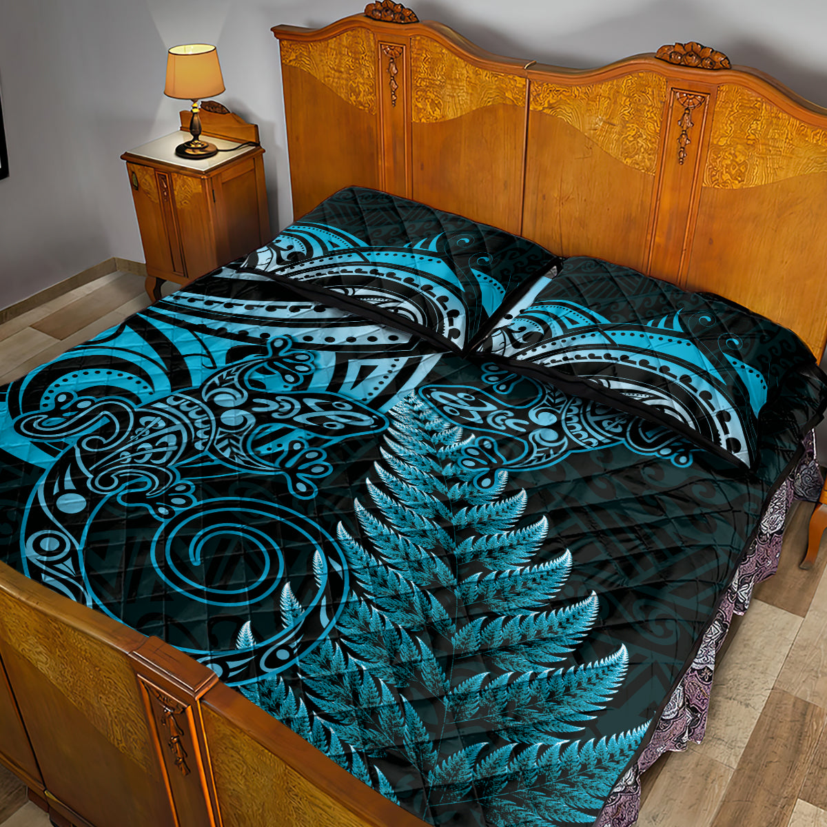 New Zealand Lizard Quilt Bed Set Silver Fern Aotearoa Maori Blue Version