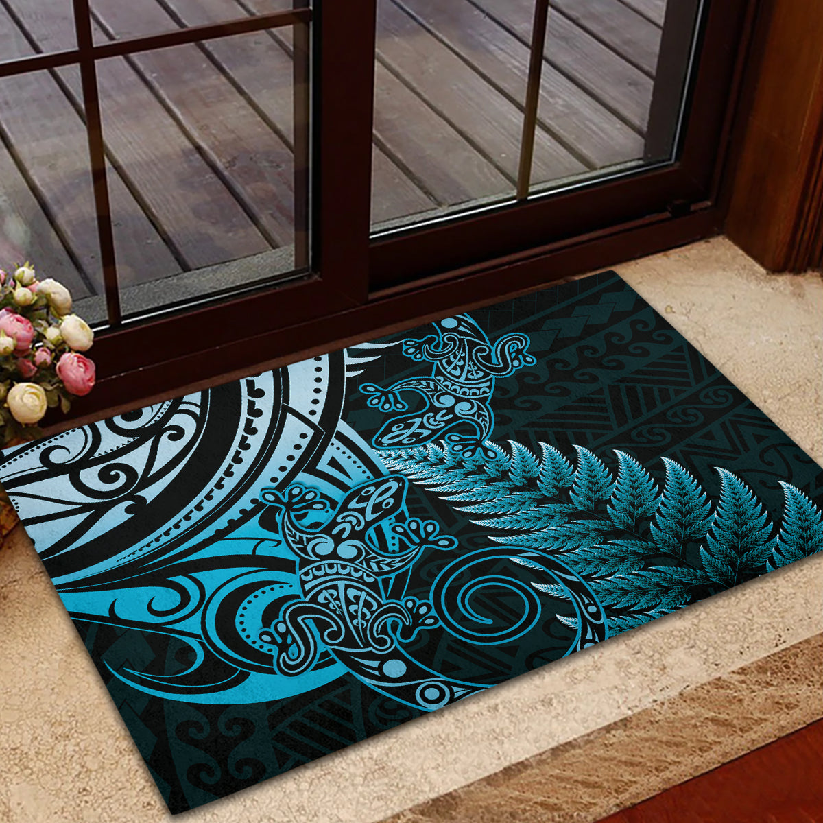 New Zealand Lizard Rubber Doormat Silver Fern Aotearoa Maori Blue Version