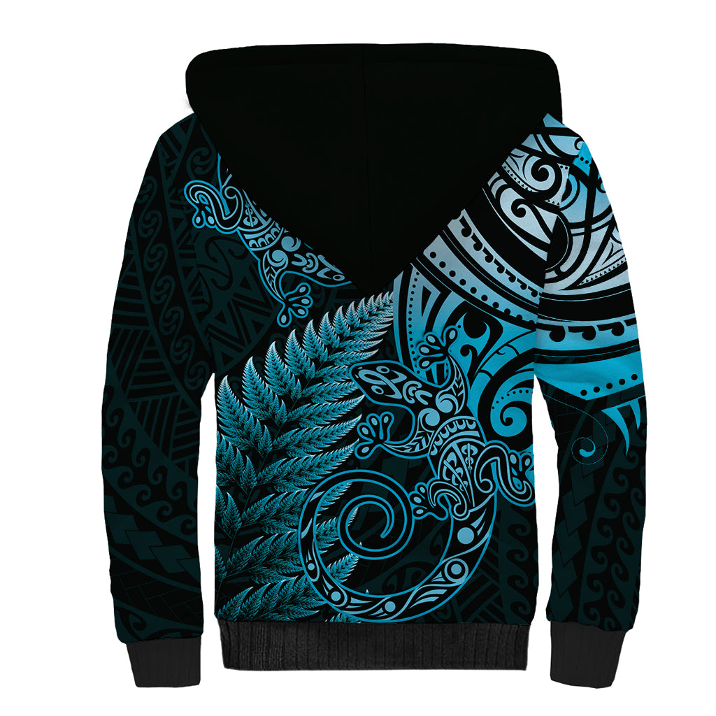 New Zealand Lizard Sherpa Hoodie Silver Fern Aotearoa Maori Blue Version
