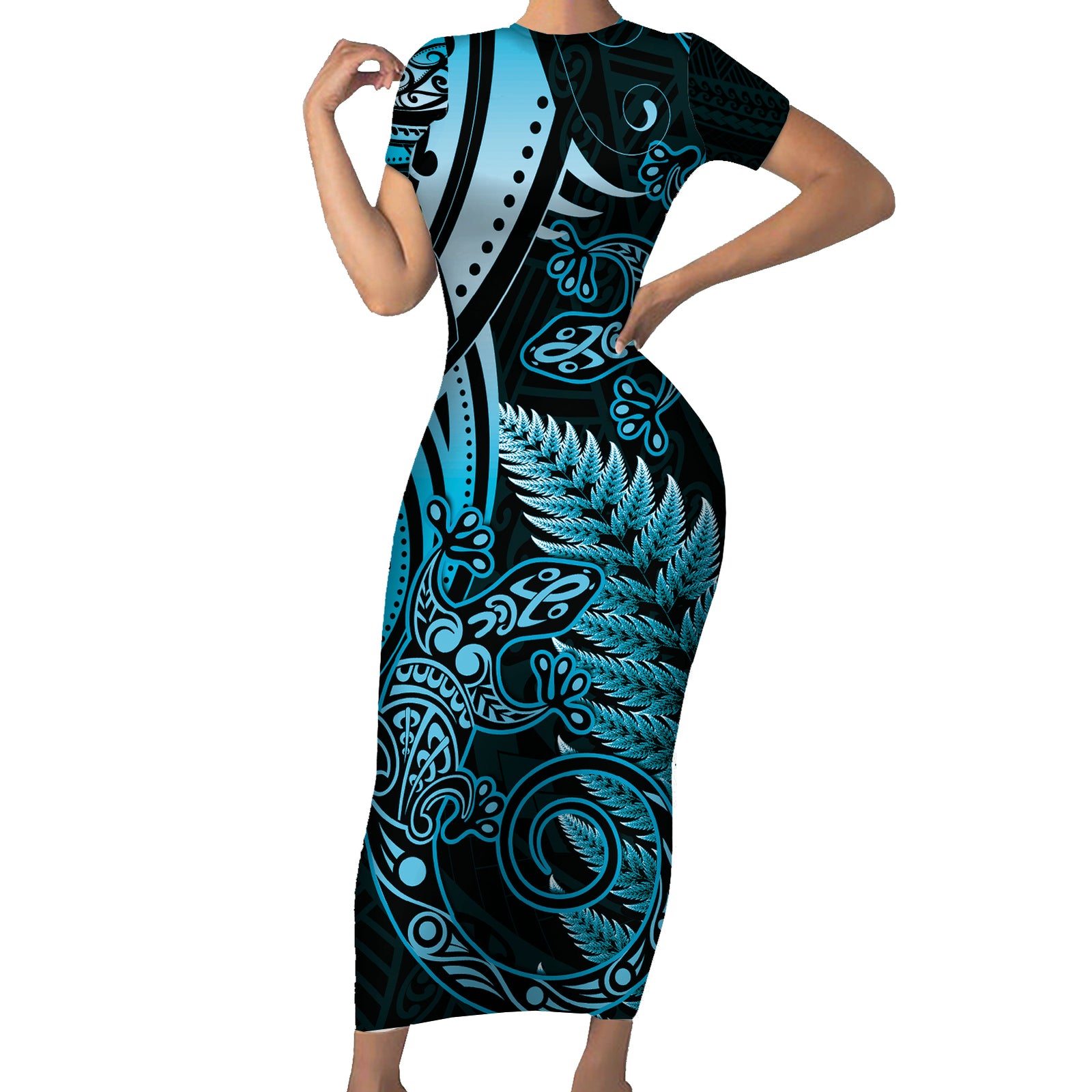 New Zealand Lizard Short Sleeve Bodycon Dress Silver Fern Aotearoa Maori Blue Version