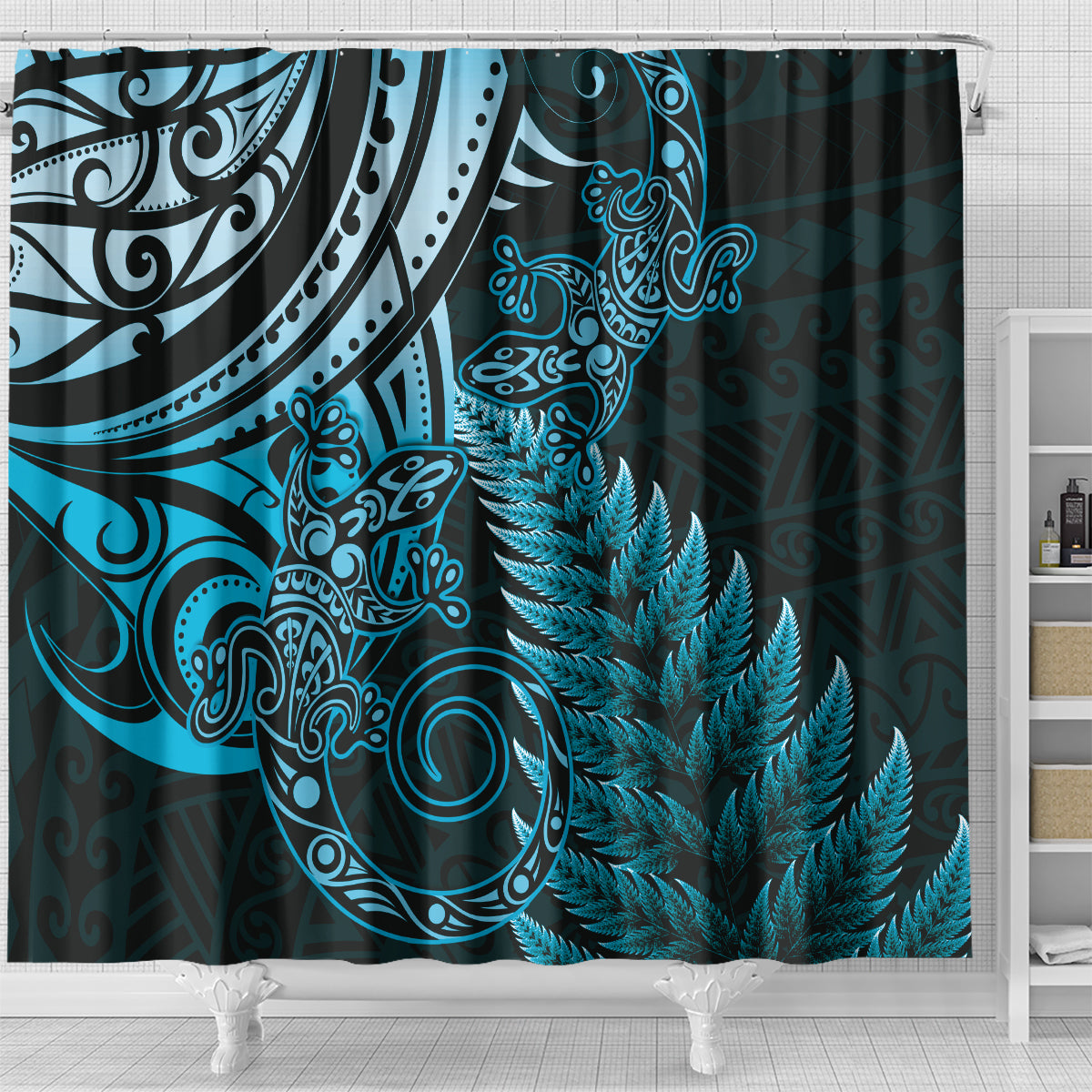 New Zealand Lizard Shower Curtain Silver Fern Aotearoa Maori Blue Version
