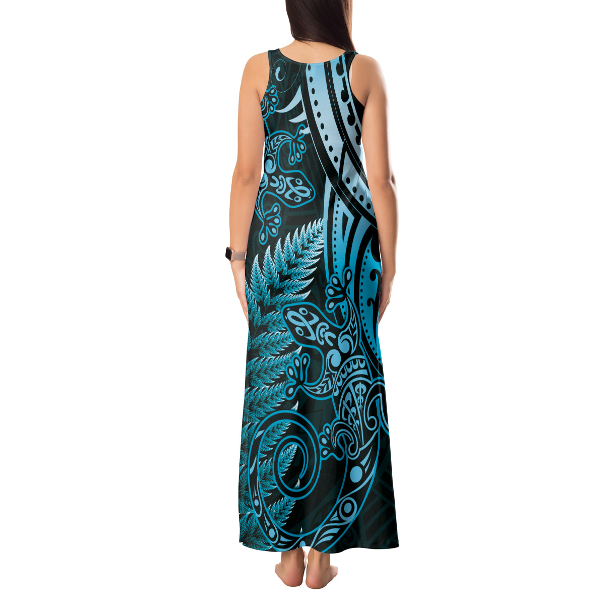 New Zealand Lizard Tank Maxi Dress Silver Fern Aotearoa Maori Blue Version