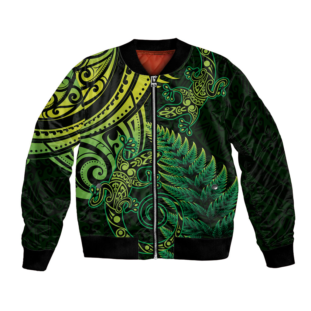 New Zealand Lizard Bomber Jacket Silver Fern Aotearoa Maori Green Version