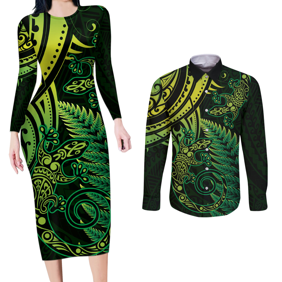 New Zealand Lizard Couples Matching Long Sleeve Bodycon Dress and Long Sleeve Button Shirt Silver Fern Aotearoa Maori Green Version