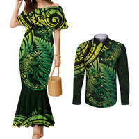 New Zealand Lizard Couples Matching Mermaid Dress and Long Sleeve Button Shirt Silver Fern Aotearoa Maori Green Version