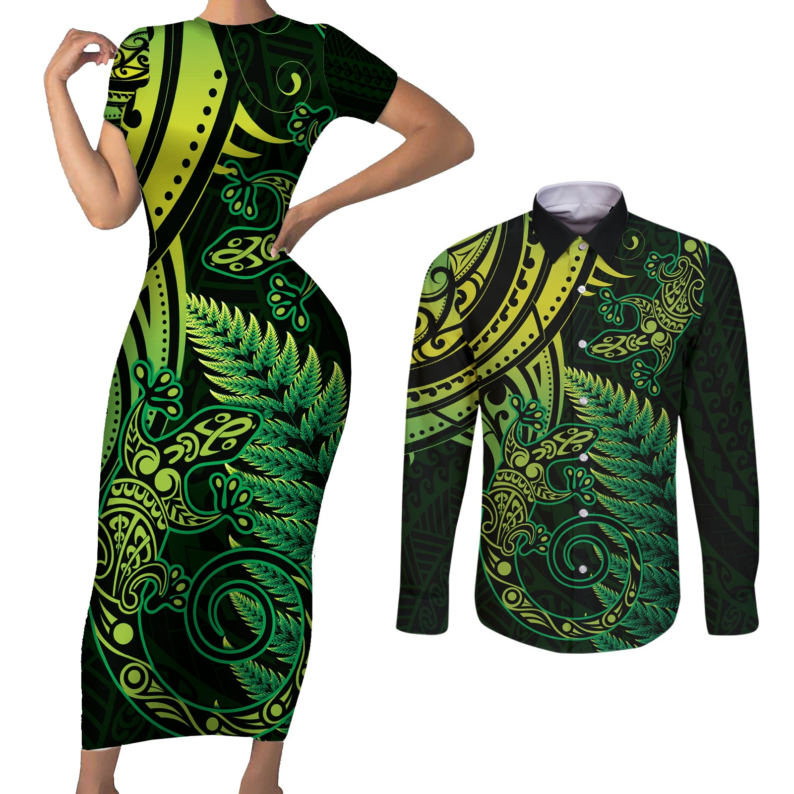 New Zealand Lizard Couples Matching Short Sleeve Bodycon Dress and Long Sleeve Button Shirt Silver Fern Aotearoa Maori Green Version