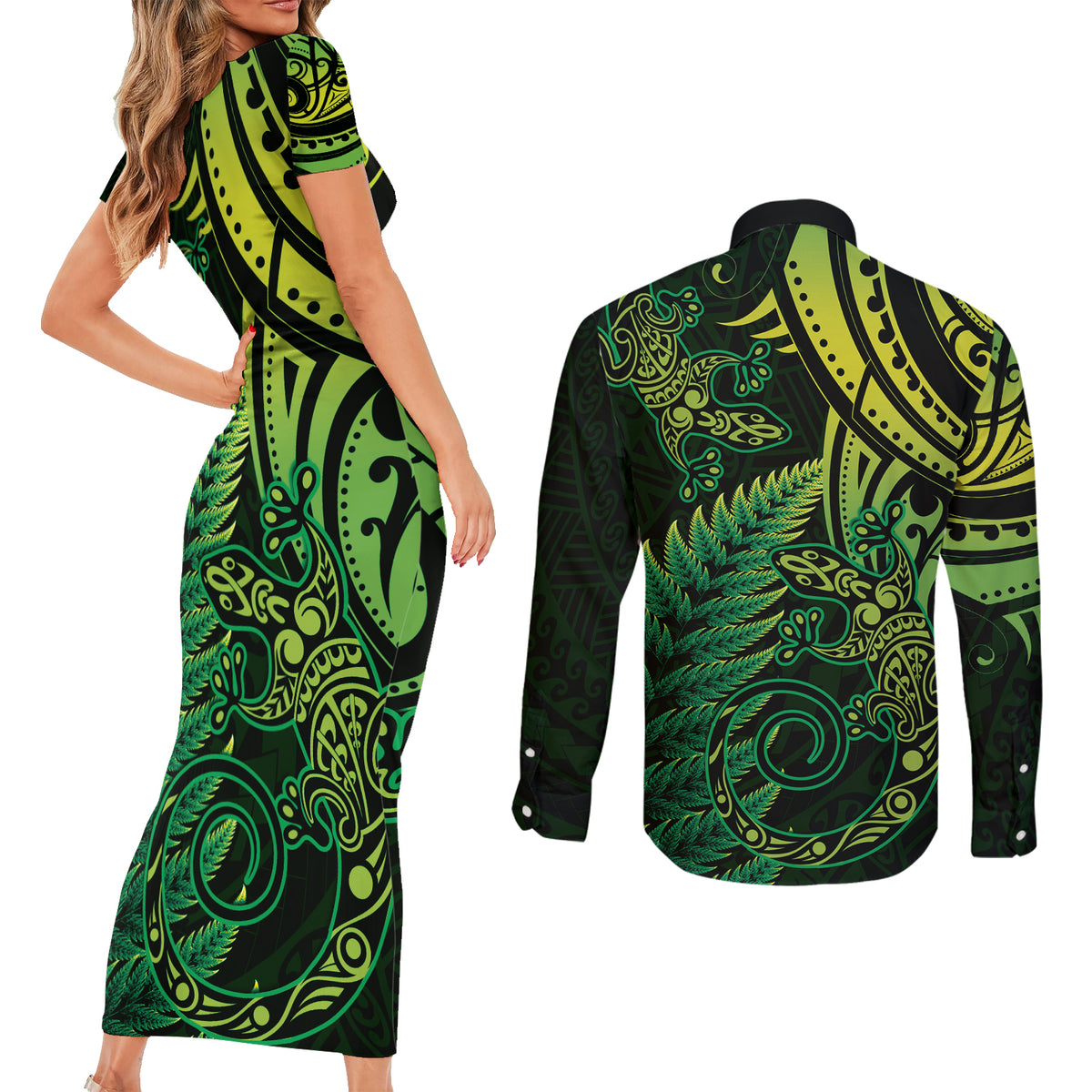 New Zealand Lizard Couples Matching Short Sleeve Bodycon Dress and Long Sleeve Button Shirt Silver Fern Aotearoa Maori Green Version