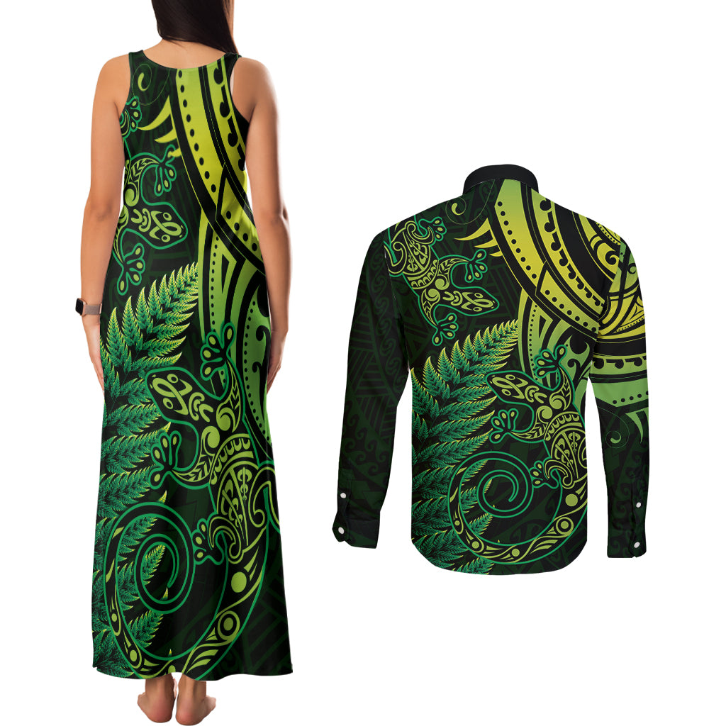 New Zealand Lizard Couples Matching Tank Maxi Dress and Long Sleeve Button Shirt Silver Fern Aotearoa Maori Green Version