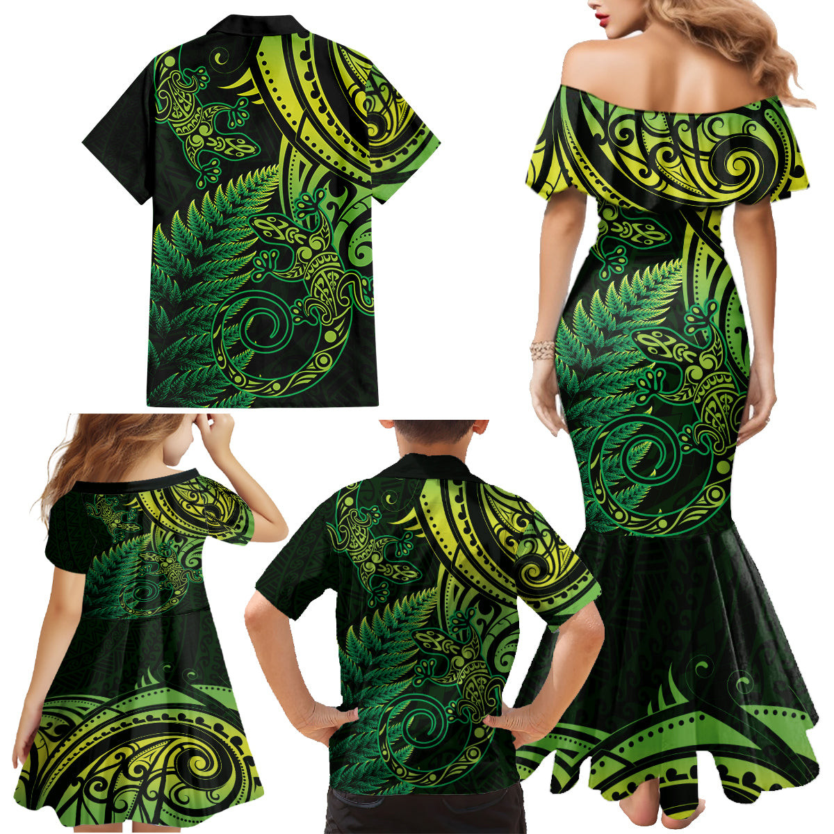 New Zealand Lizard Family Matching Mermaid Dress and Hawaiian Shirt Silver Fern Aotearoa Maori Green Version