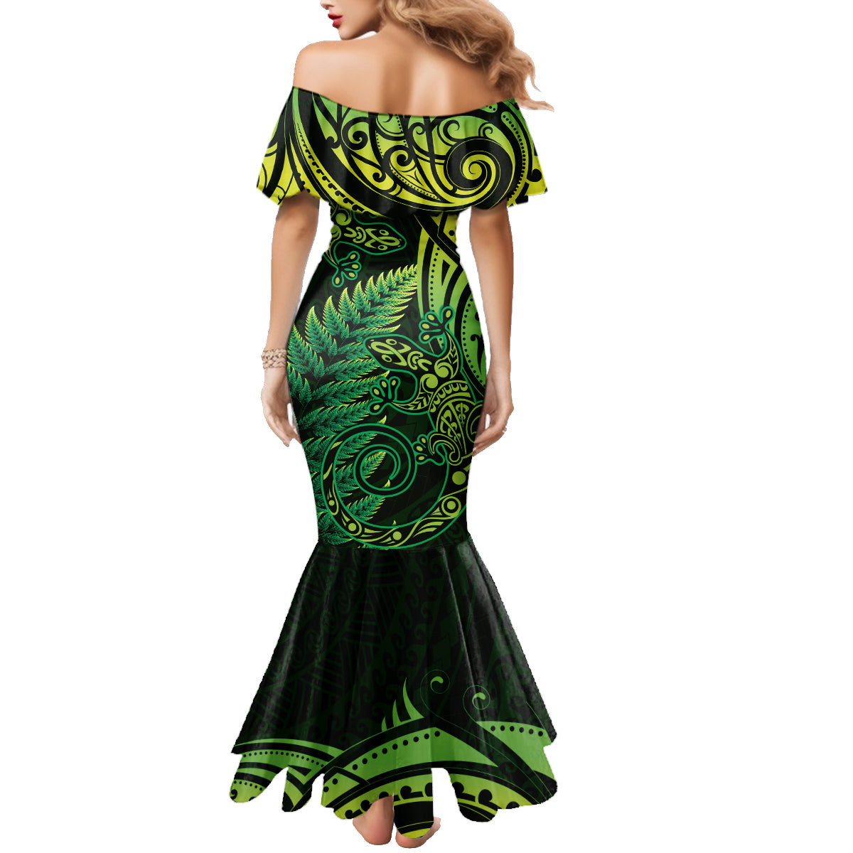 New Zealand Lizard Family Matching Mermaid Dress and Hawaiian Shirt Silver Fern Aotearoa Maori Green Version