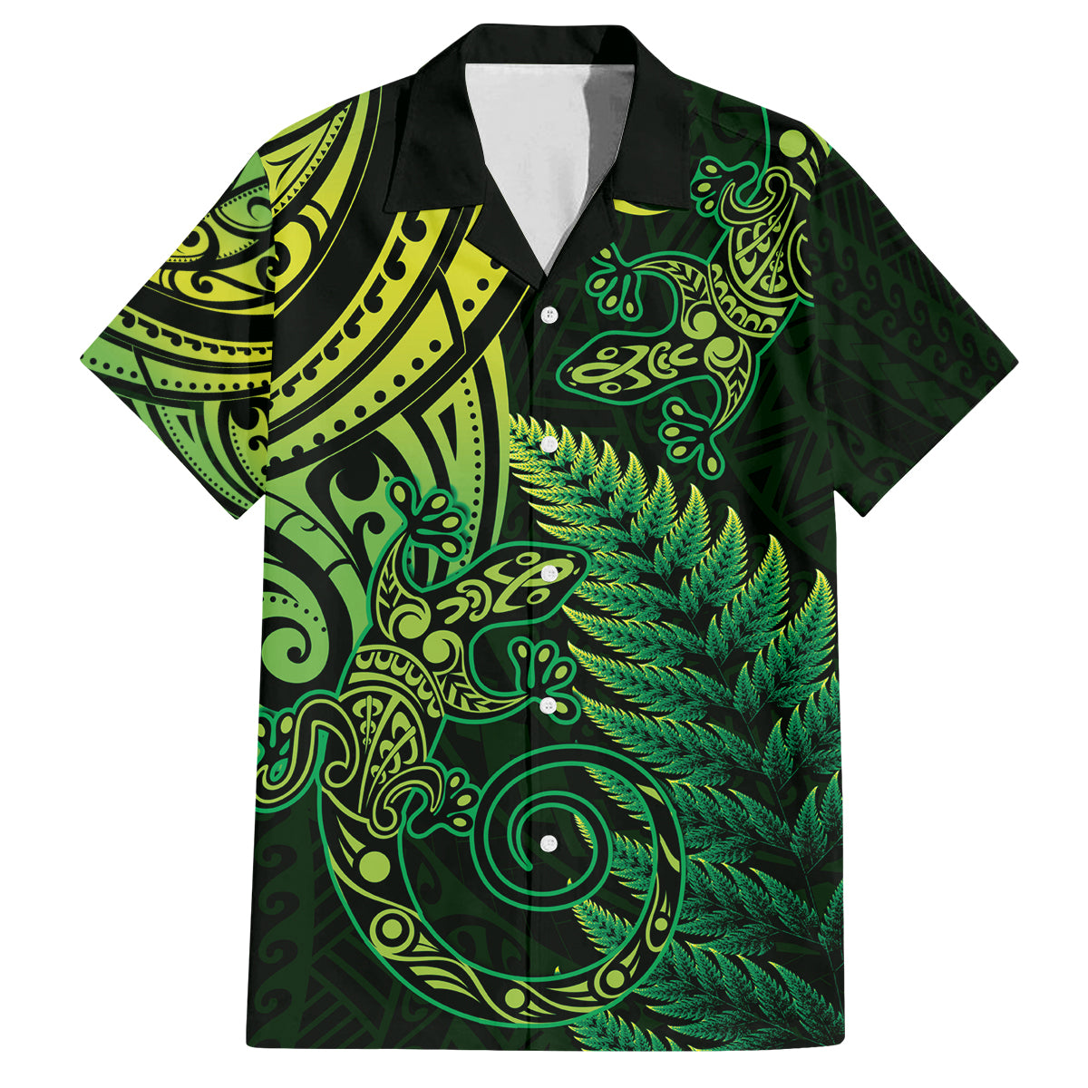 New Zealand Lizard Family Matching Puletasi and Hawaiian Shirt Silver Fern Aotearoa Maori Green Version