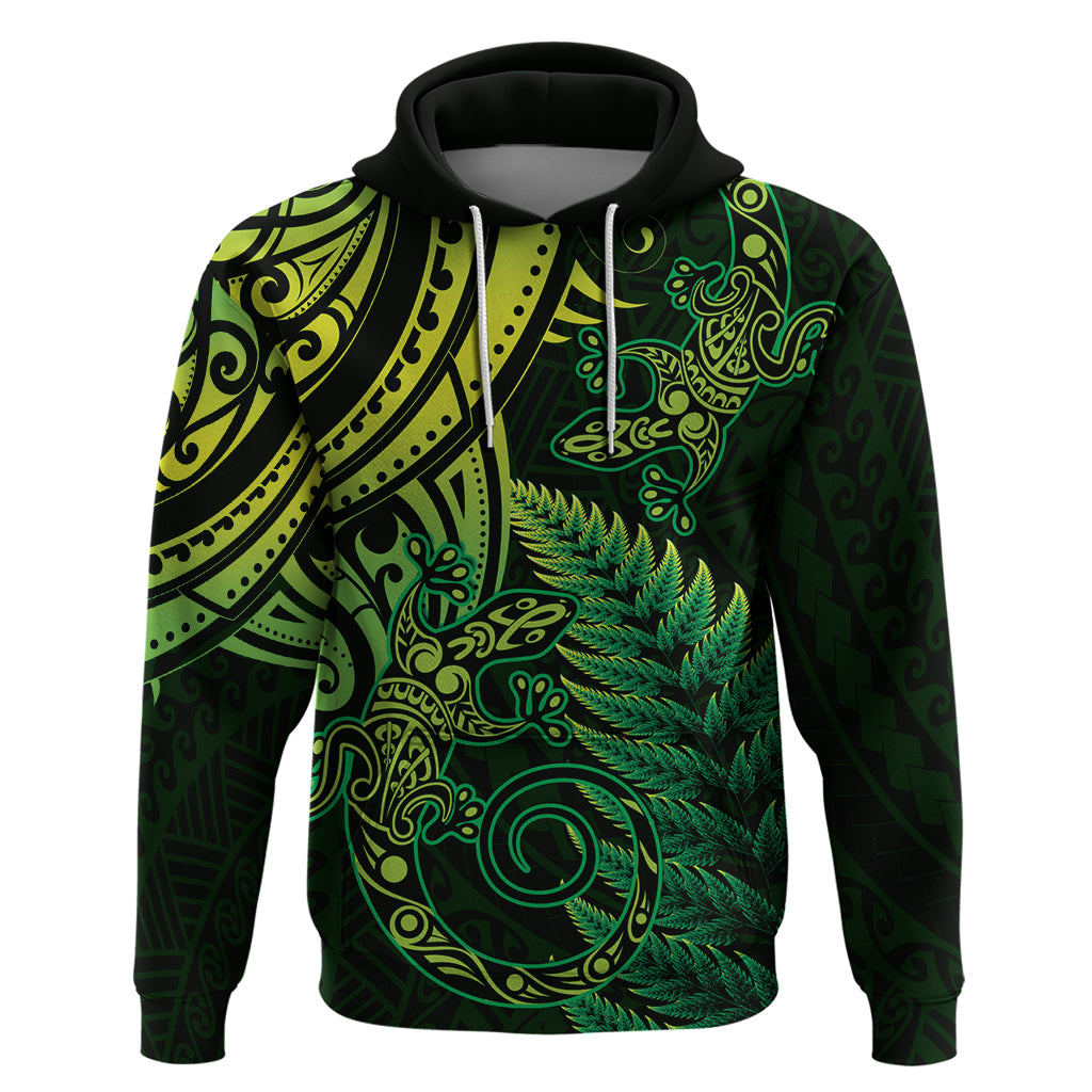 New Zealand Lizard Hoodie Silver Fern Aotearoa Maori Green Version