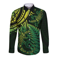 New Zealand Lizard Long Sleeve Button Shirt Silver Fern Aotearoa Maori Green Version