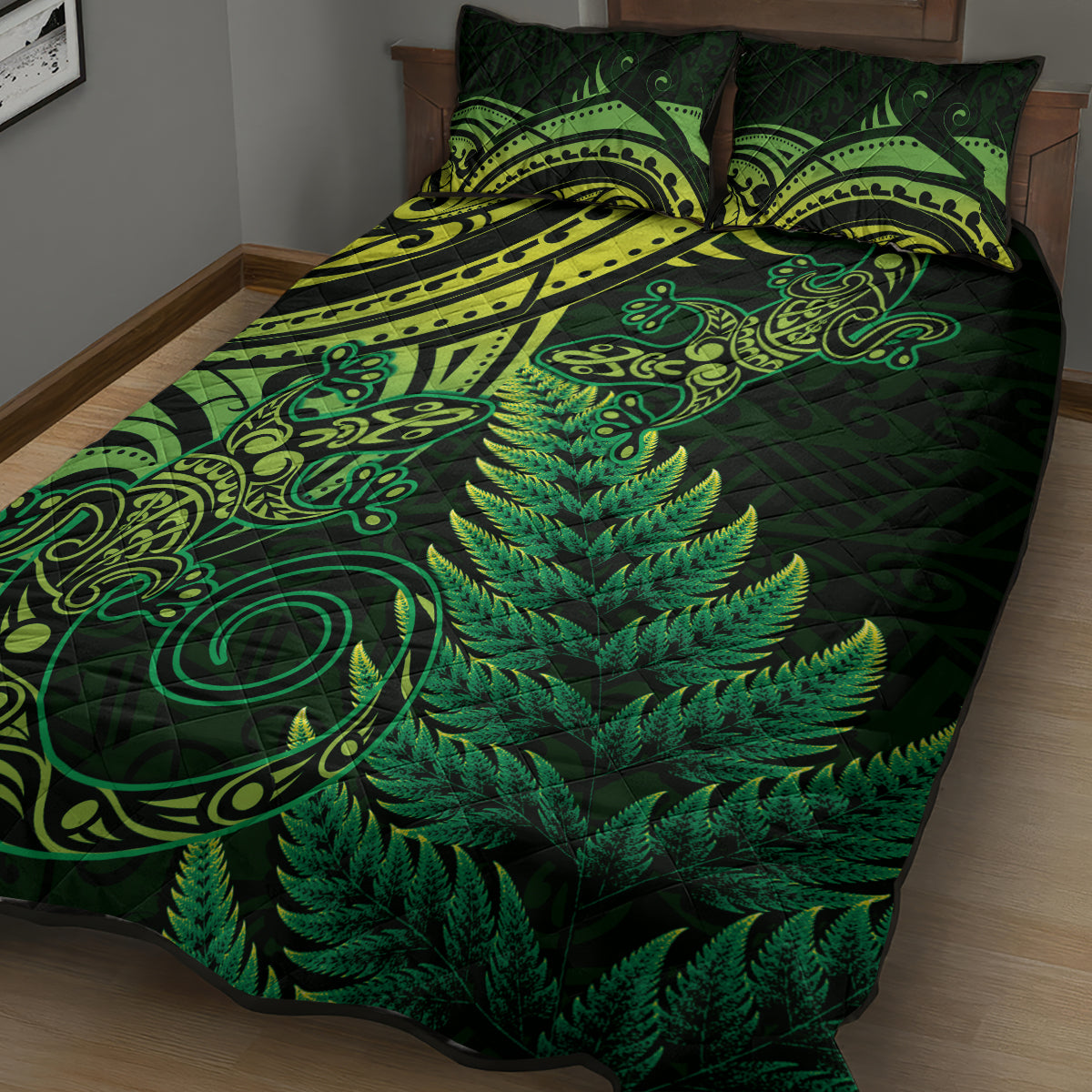 New Zealand Lizard Quilt Bed Set Silver Fern Aotearoa Maori Green Version