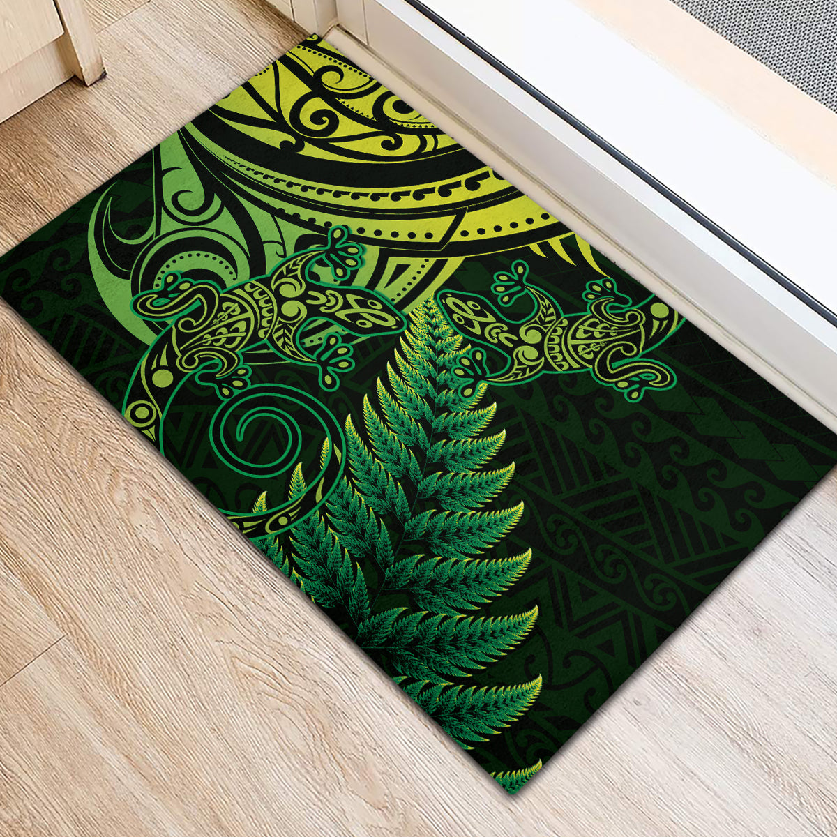 New Zealand Lizard Rubber Doormat Silver Fern Aotearoa Maori Green Version