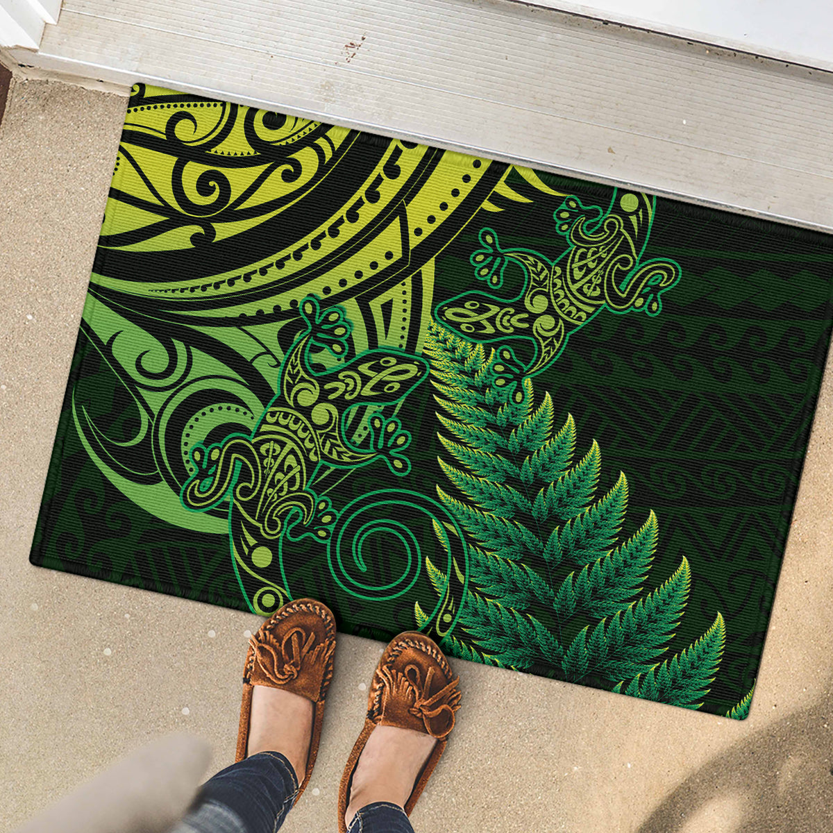 New Zealand Lizard Rubber Doormat Silver Fern Aotearoa Maori Green Version