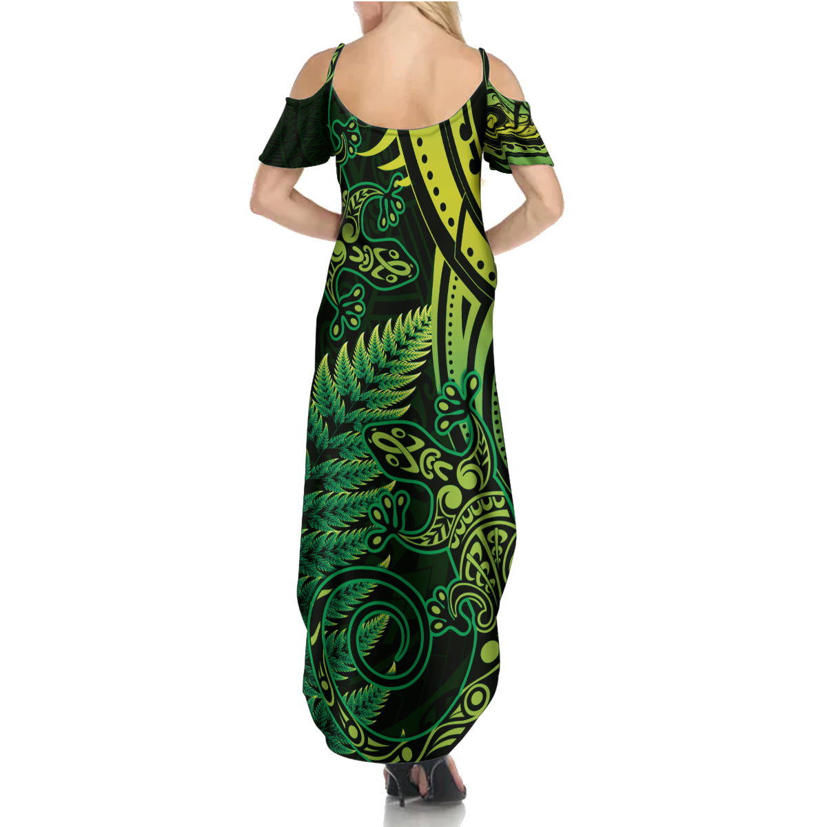 New Zealand Lizard Summer Maxi Dress Silver Fern Aotearoa Maori Green Version