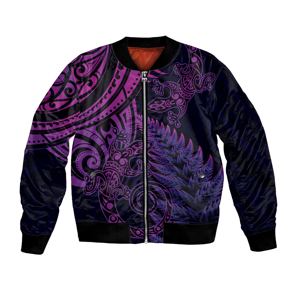 New Zealand Lizard Bomber Jacket Silver Fern Aotearoa Maori Purple Version