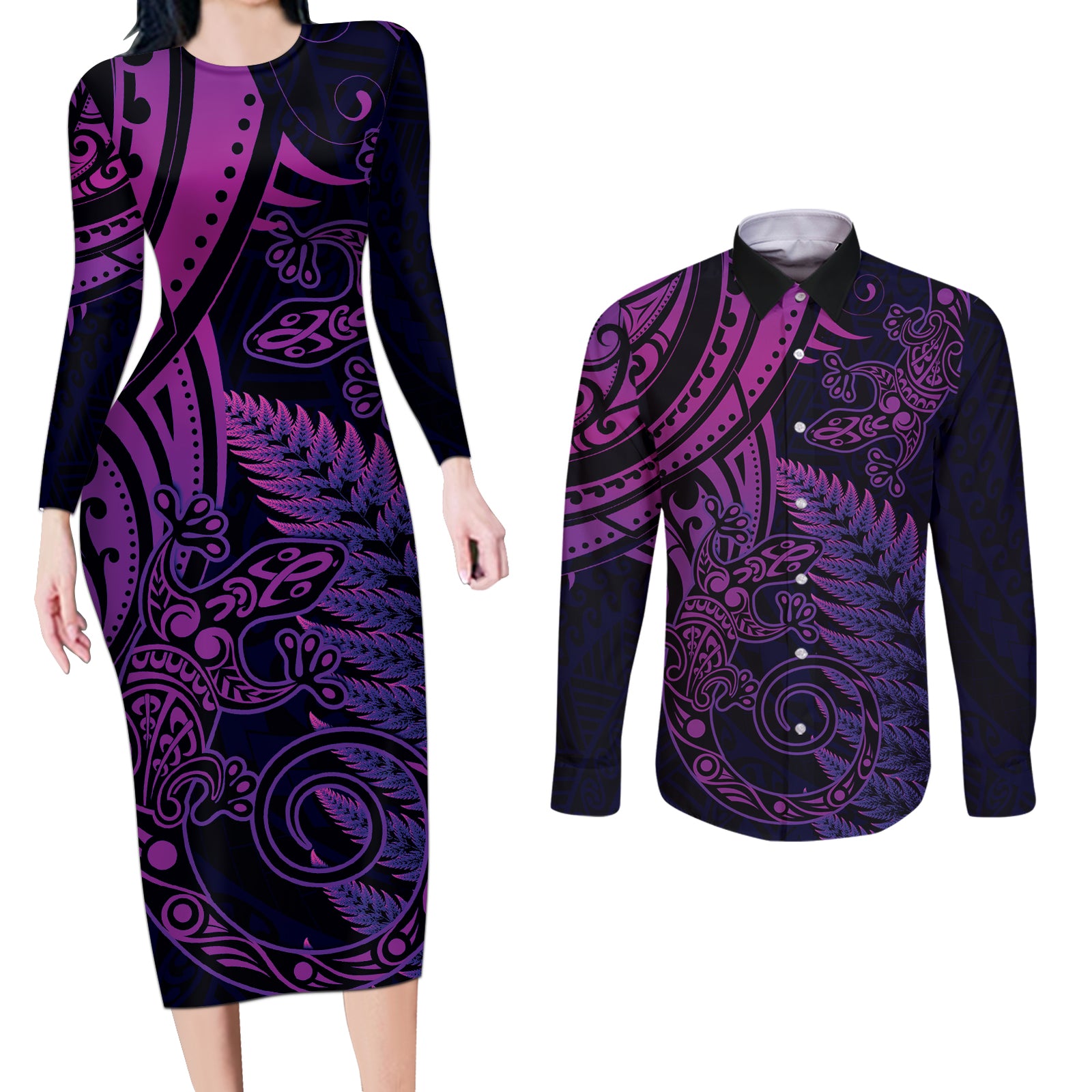 New Zealand Lizard Couples Matching Long Sleeve Bodycon Dress and Long Sleeve Button Shirt Silver Fern Aotearoa Maori Purple Version