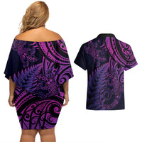 New Zealand Lizard Couples Matching Off Shoulder Short Dress and Hawaiian Shirt Silver Fern Aotearoa Maori Purple Version