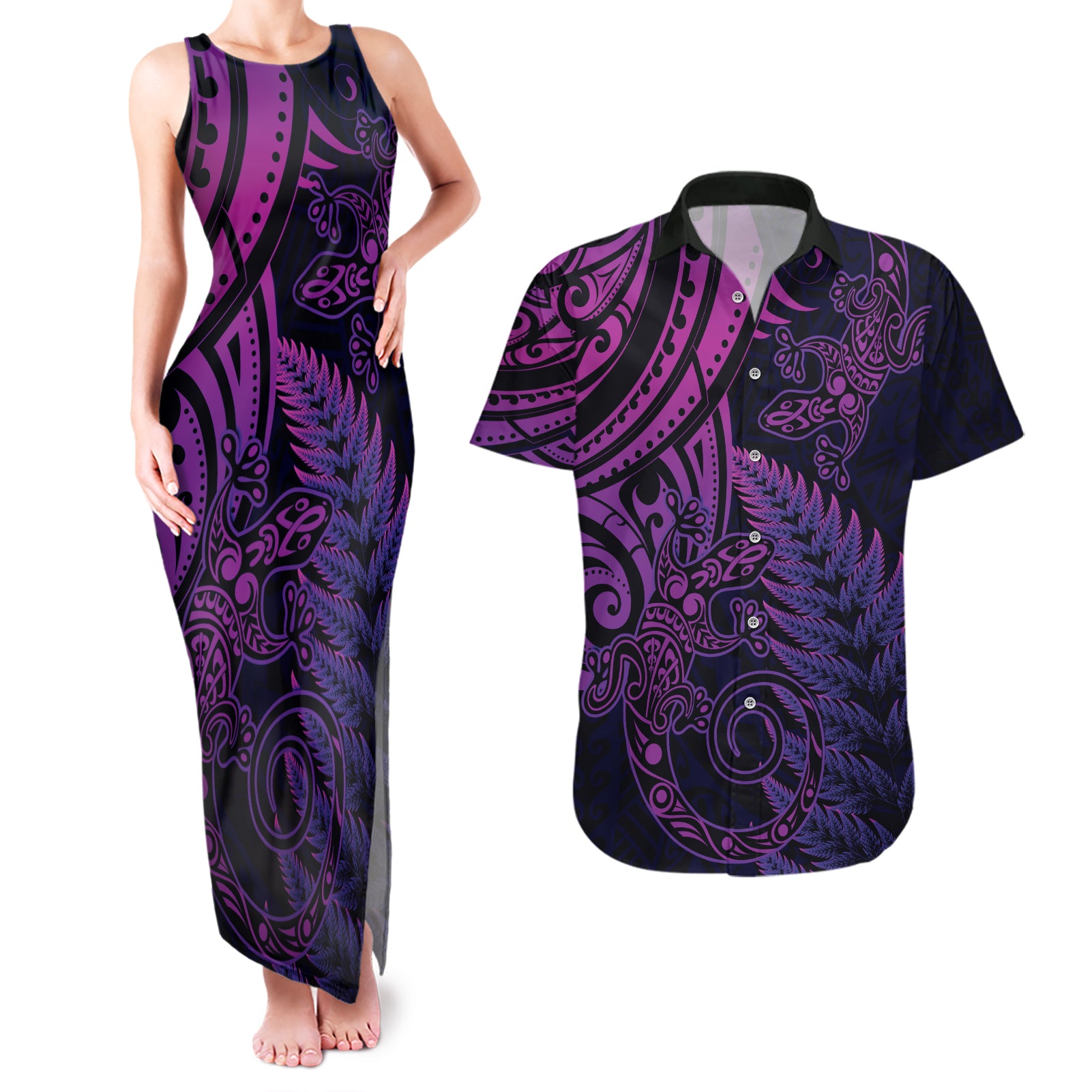 New Zealand Lizard Couples Matching Tank Maxi Dress and Hawaiian Shirt Silver Fern Aotearoa Maori Purple Version