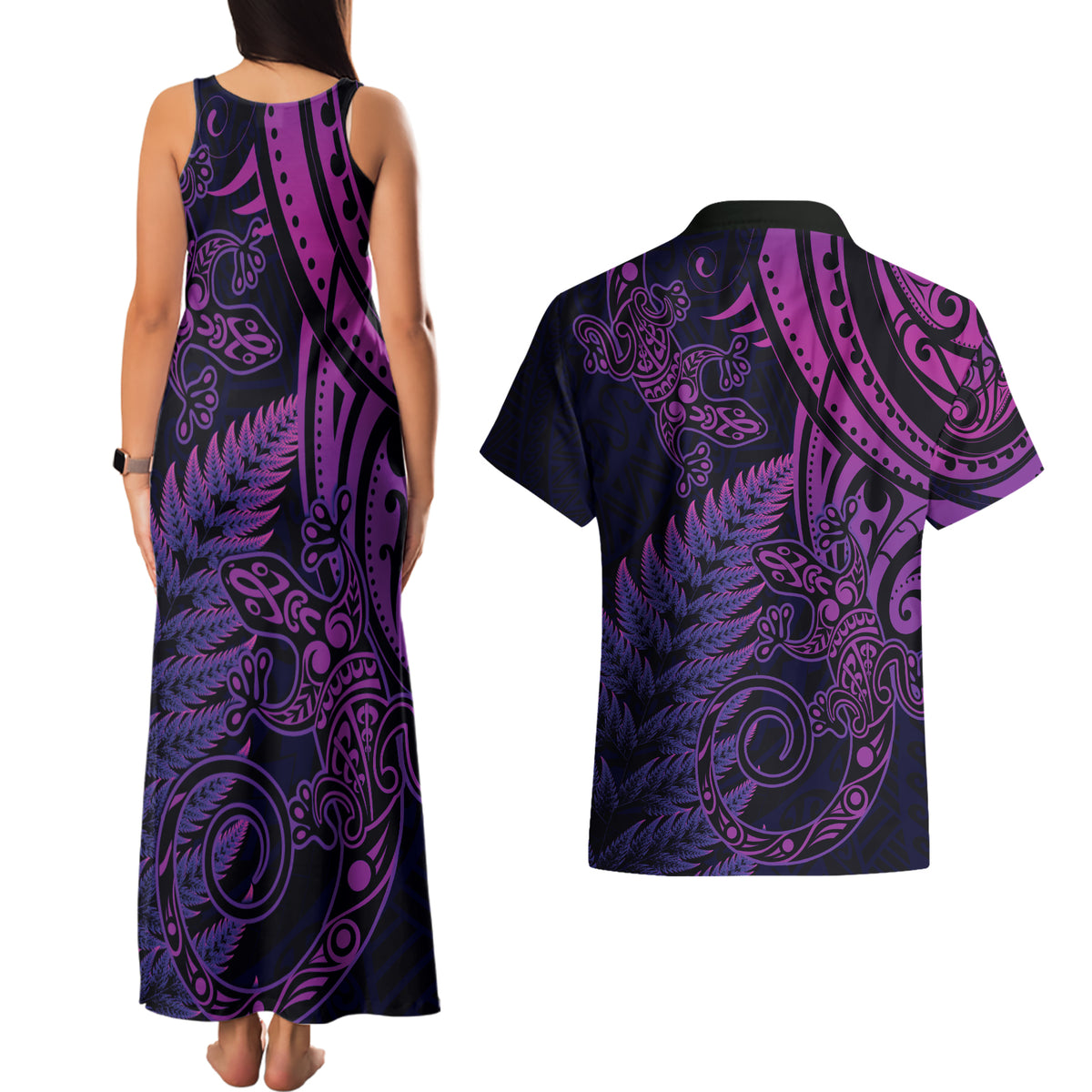 New Zealand Lizard Couples Matching Tank Maxi Dress and Hawaiian Shirt Silver Fern Aotearoa Maori Purple Version