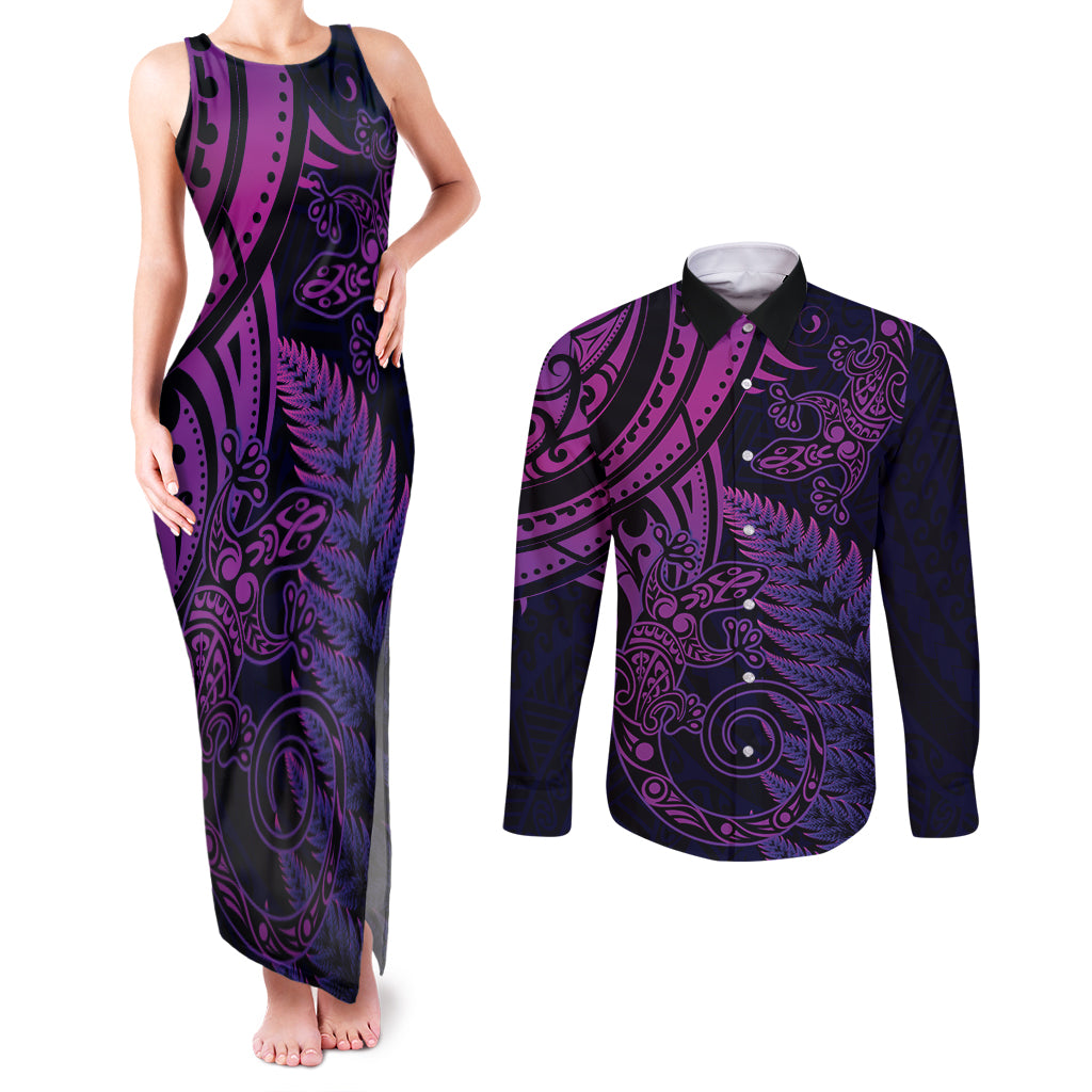 New Zealand Lizard Couples Matching Tank Maxi Dress and Long Sleeve Button Shirt Silver Fern Aotearoa Maori Purple Version