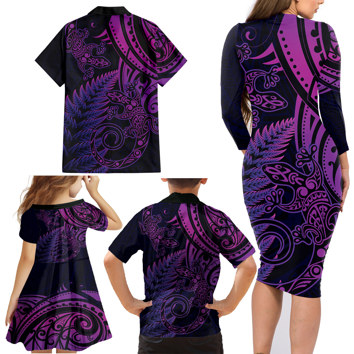 New Zealand Lizard Family Matching Long Sleeve Bodycon Dress and Hawaiian Shirt Silver Fern Aotearoa Maori Purple Version