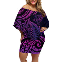 New Zealand Lizard Family Matching Off Shoulder Short Dress and Hawaiian Shirt Silver Fern Aotearoa Maori Purple Version