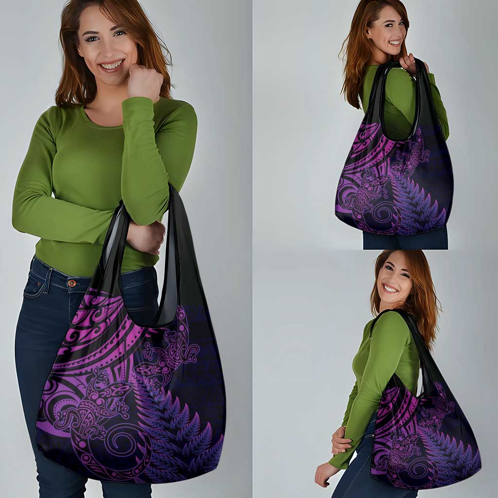 New Zealand Lizard Grocery Bag Silver Fern Aotearoa Maori Purple Version