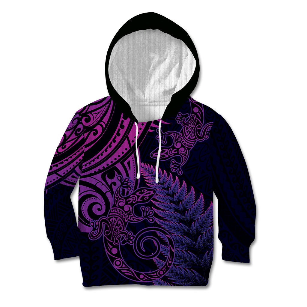 New Zealand Lizard Kid Hoodie Silver Fern Aotearoa Maori Purple Version