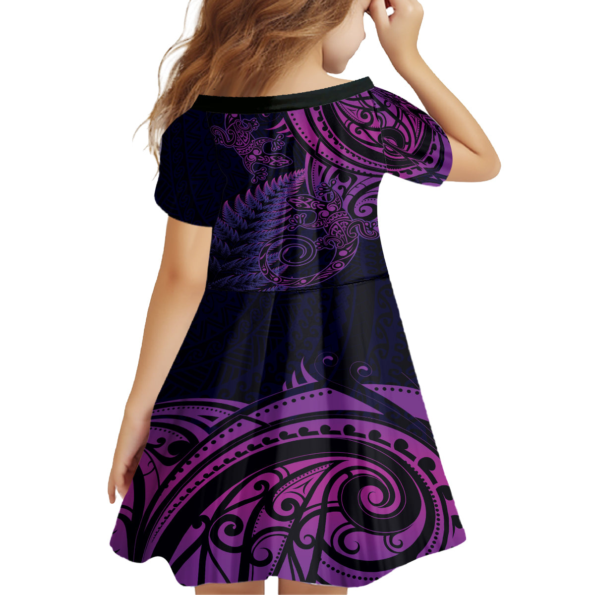 New Zealand Lizard Kid Short Sleeve Dress Silver Fern Aotearoa Maori Purple Version LT14 - Polynesian Pride