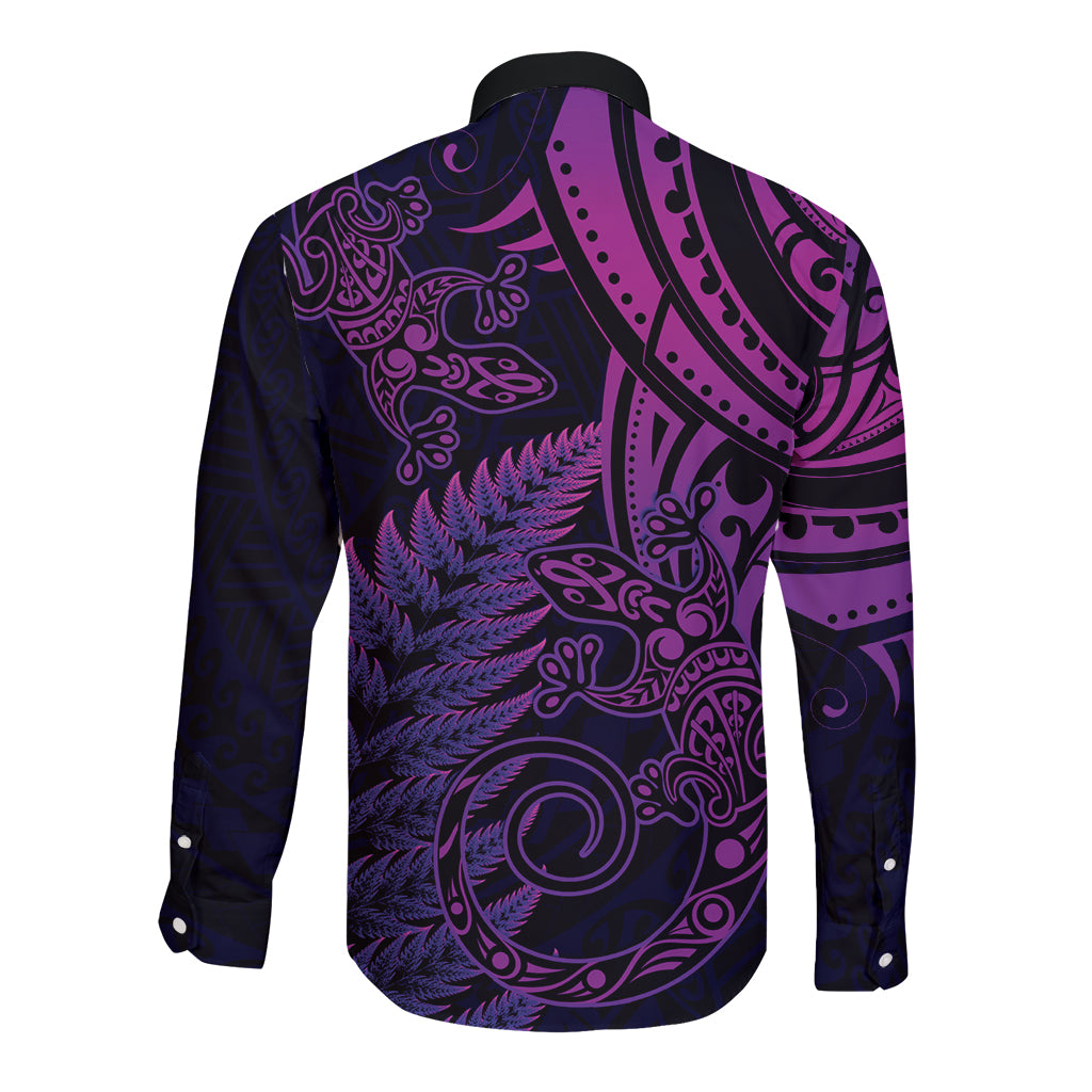 New Zealand Lizard Long Sleeve Button Shirt Silver Fern Aotearoa Maori Purple Version