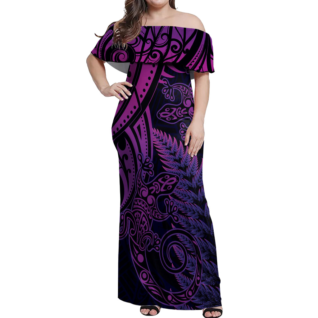 New Zealand Lizard Off Shoulder Maxi Dress Silver Fern Aotearoa Maori Purple Version