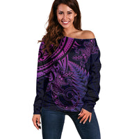 New Zealand Lizard Off Shoulder Sweater Silver Fern Aotearoa Maori Purple Version