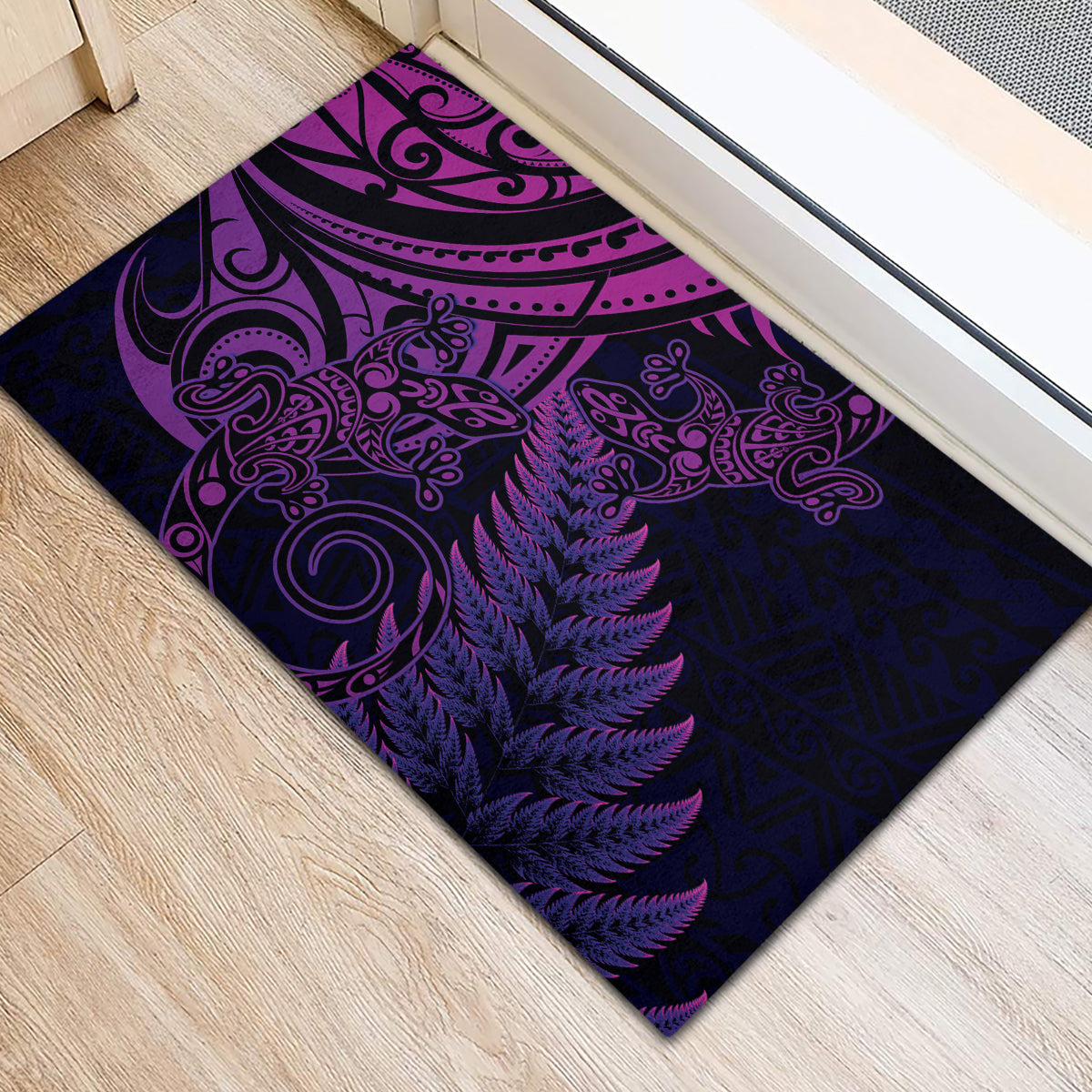 New Zealand Lizard Rubber Doormat Silver Fern Aotearoa Maori Purple Version