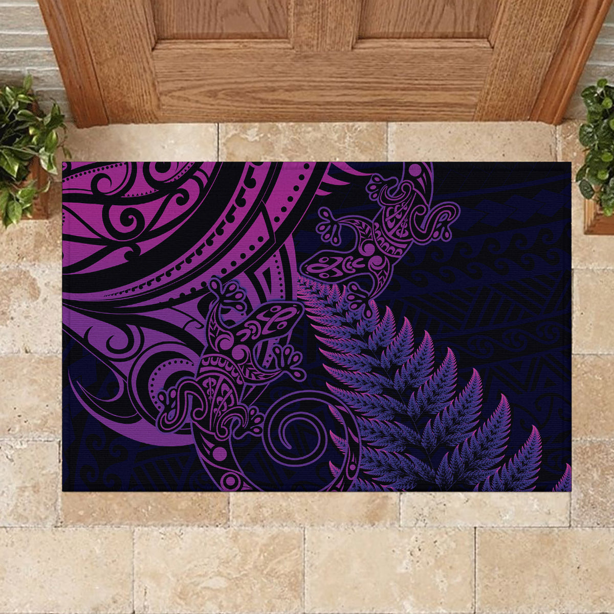 New Zealand Lizard Rubber Doormat Silver Fern Aotearoa Maori Purple Version