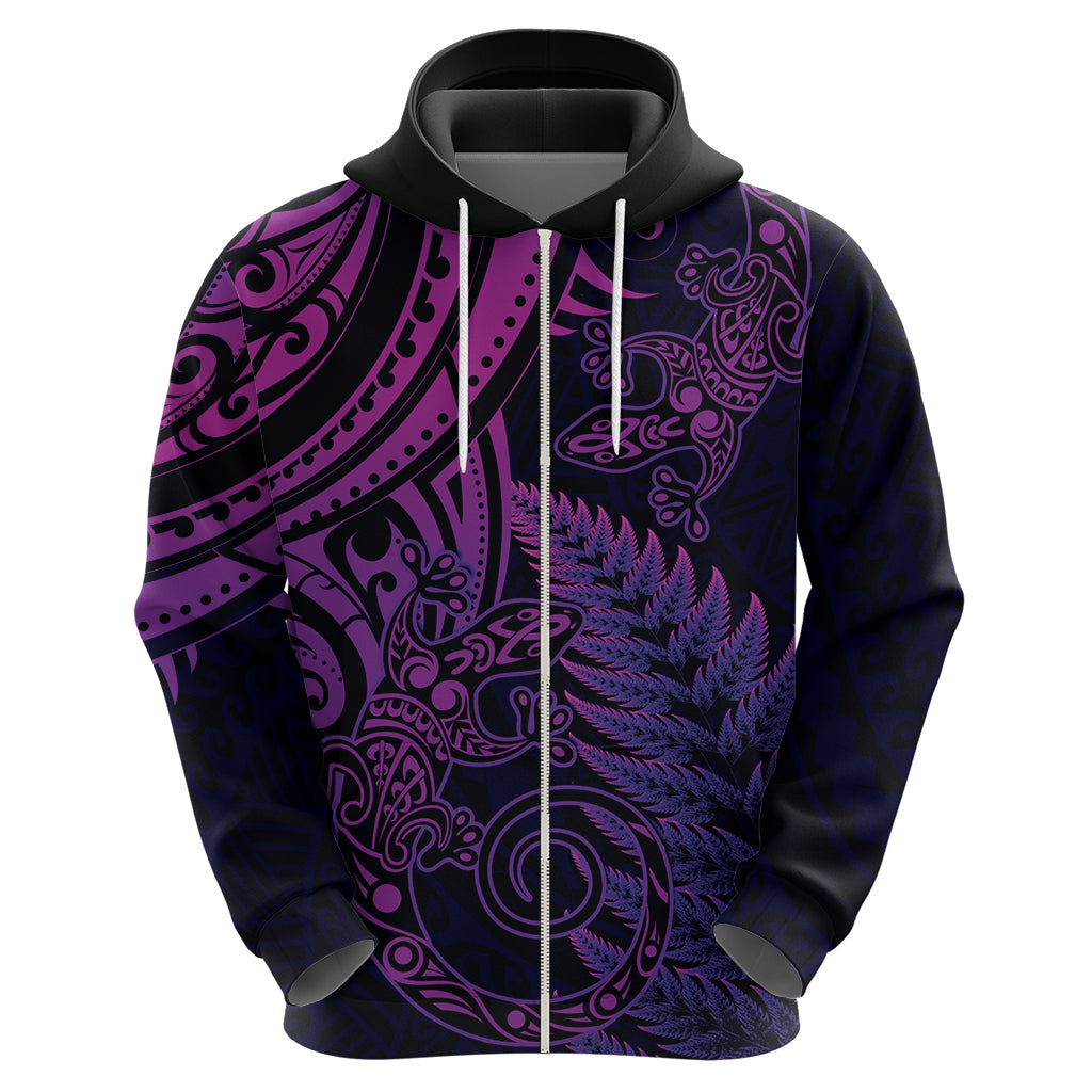 New Zealand Lizard Zip Hoodie Silver Fern Aotearoa Maori Purple Version