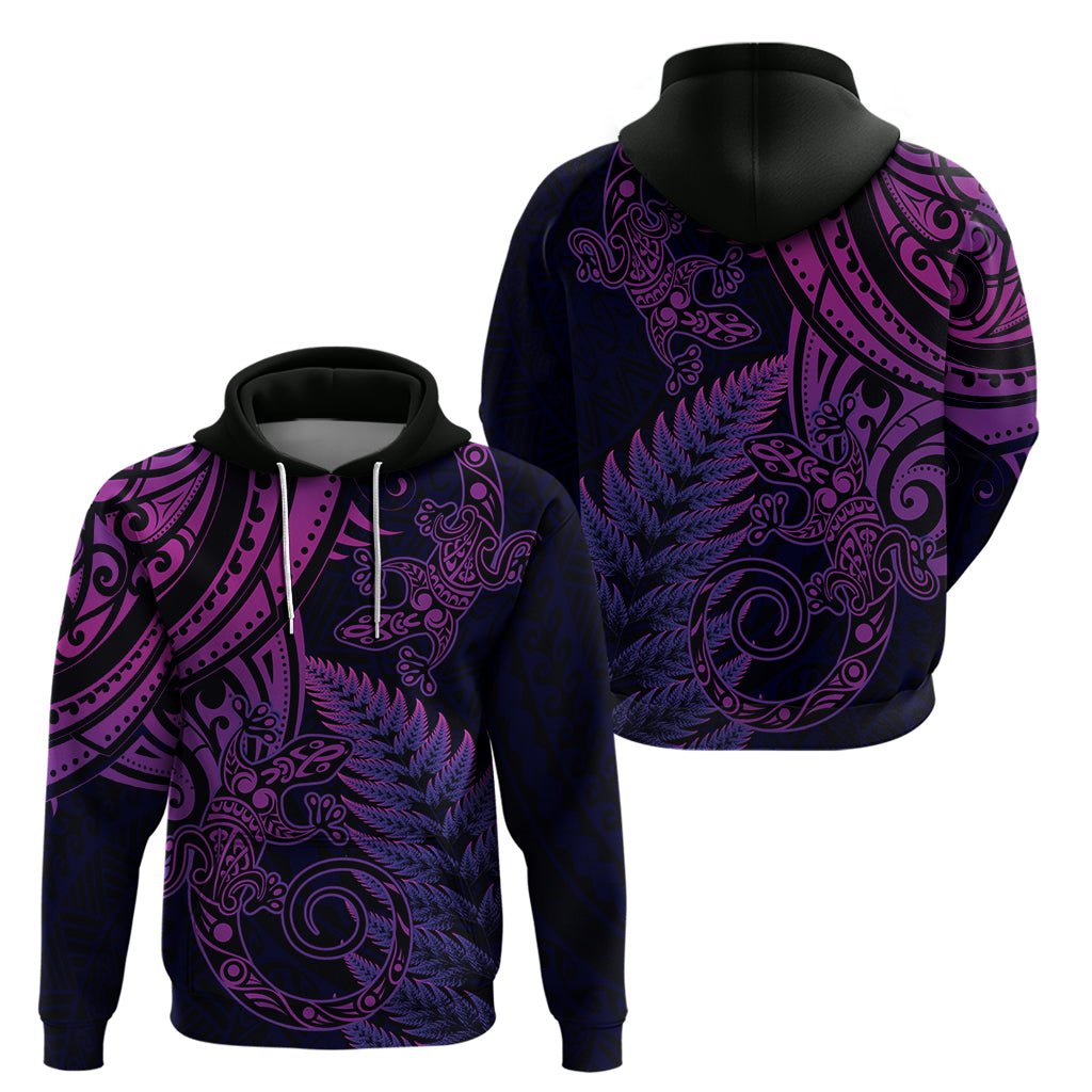New Zealand Lizard Zip Hoodie Silver Fern Aotearoa Maori Purple Version