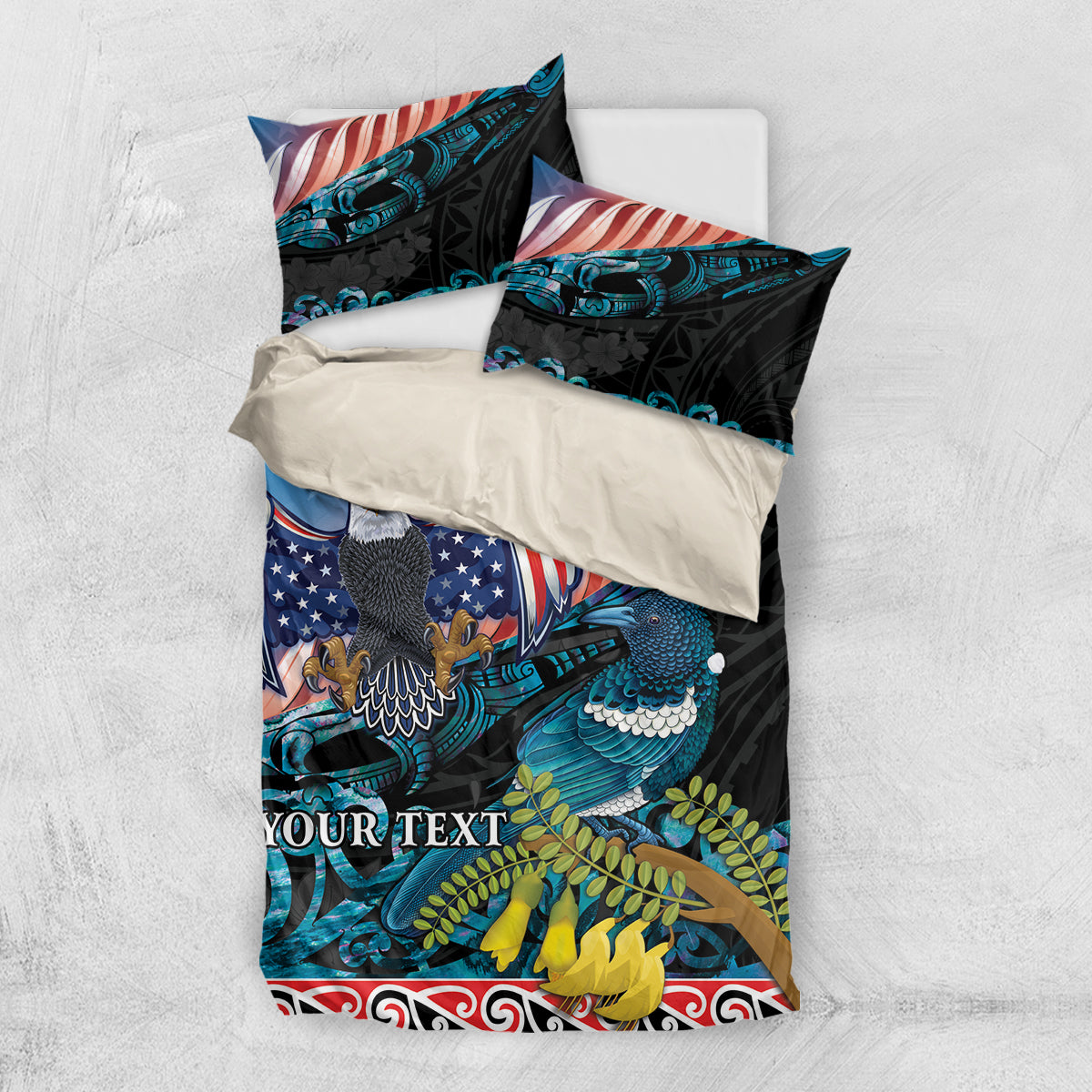 Personalised United States And New Zealand Bedding Set USA Eagle With Kowhai Aotearoa Tui Bird