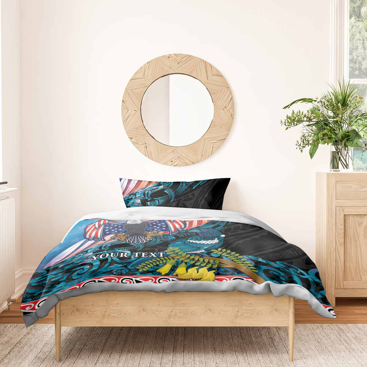Personalised United States And New Zealand Bedding Set USA Eagle With Kowhai Aotearoa Tui Bird