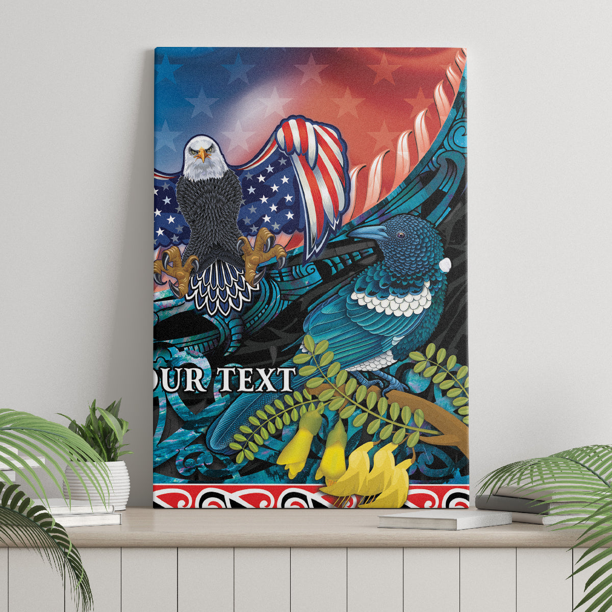 Personalised United States And New Zealand Canvas Wall Art USA Eagle With Kowhai Aotearoa Tui Bird