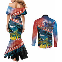 Personalised United States And New Zealand Couples Matching Mermaid Dress and Long Sleeve Button Shirt USA Eagle With Kowhai Aotearoa Tui Bird